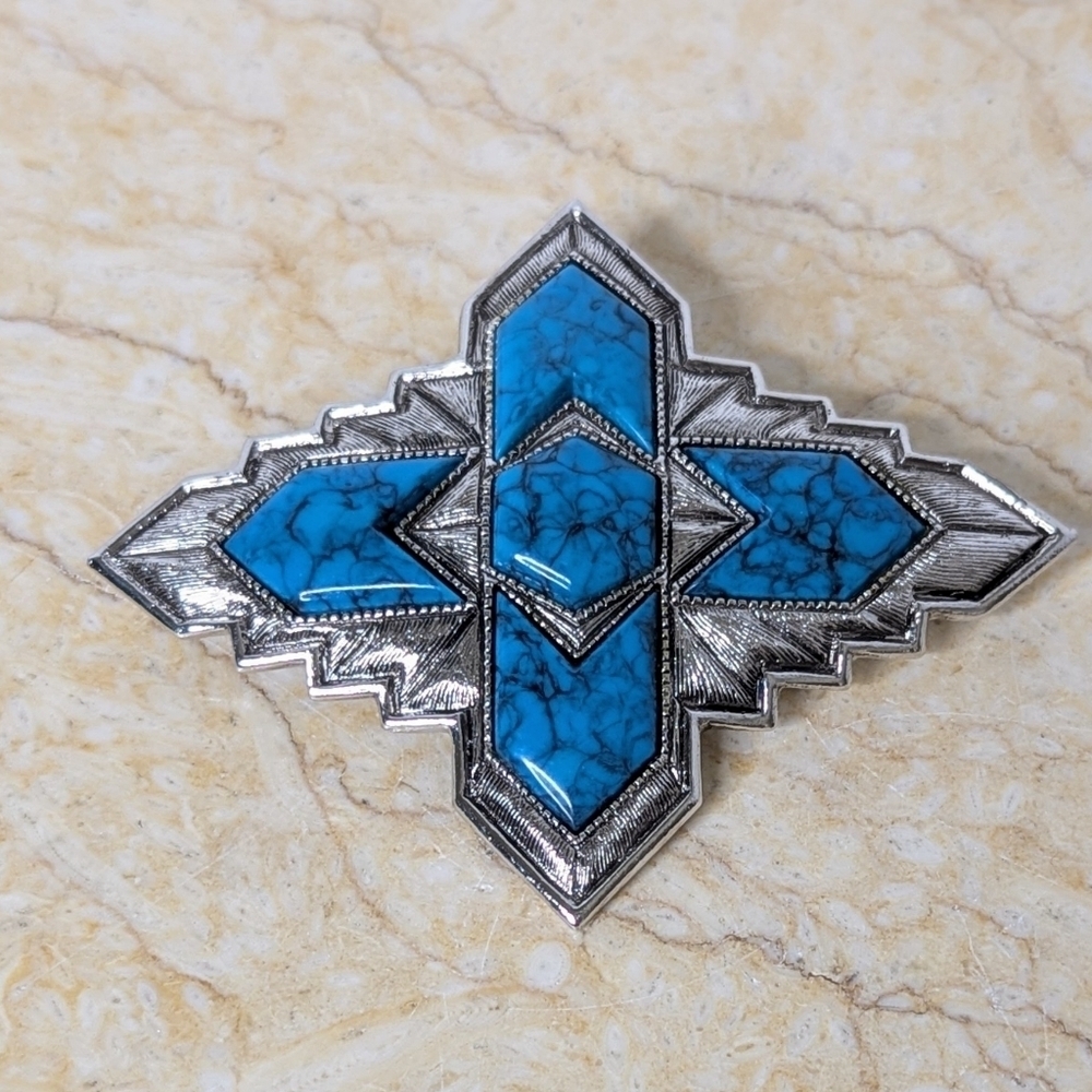 Vintage Sarah Coventry Southwestern Turquoise Silver Tone Inca Brooch Pin - Picture 8 of 8